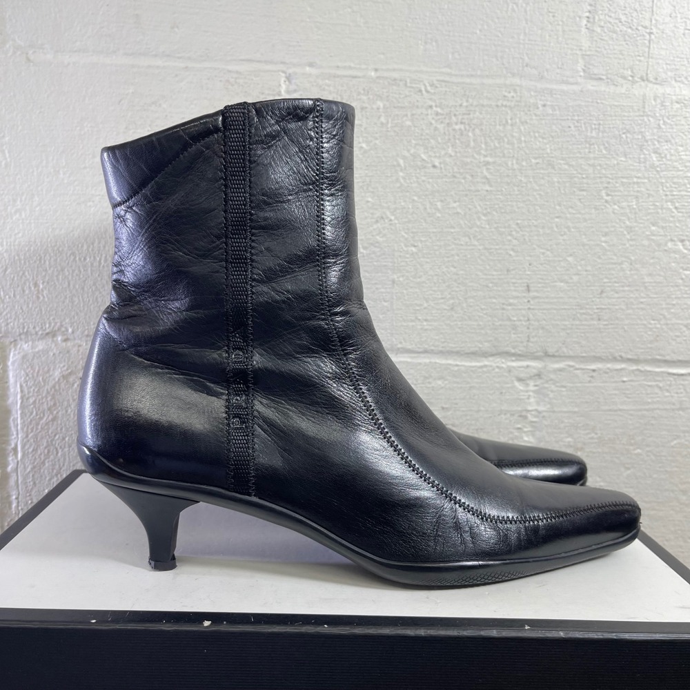 Prada Black Leather Kitten Heel Ankle Boots Pointed Toe Women's 41 EU/10 US